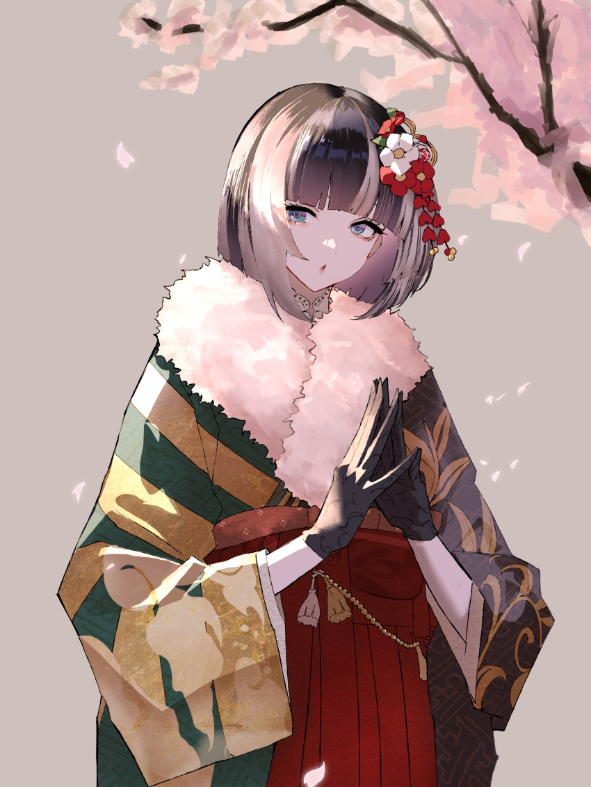 1girl, absurdres, black_gloves, black_hair, branch, commentary_request, flower, fur-trimmed_kimono