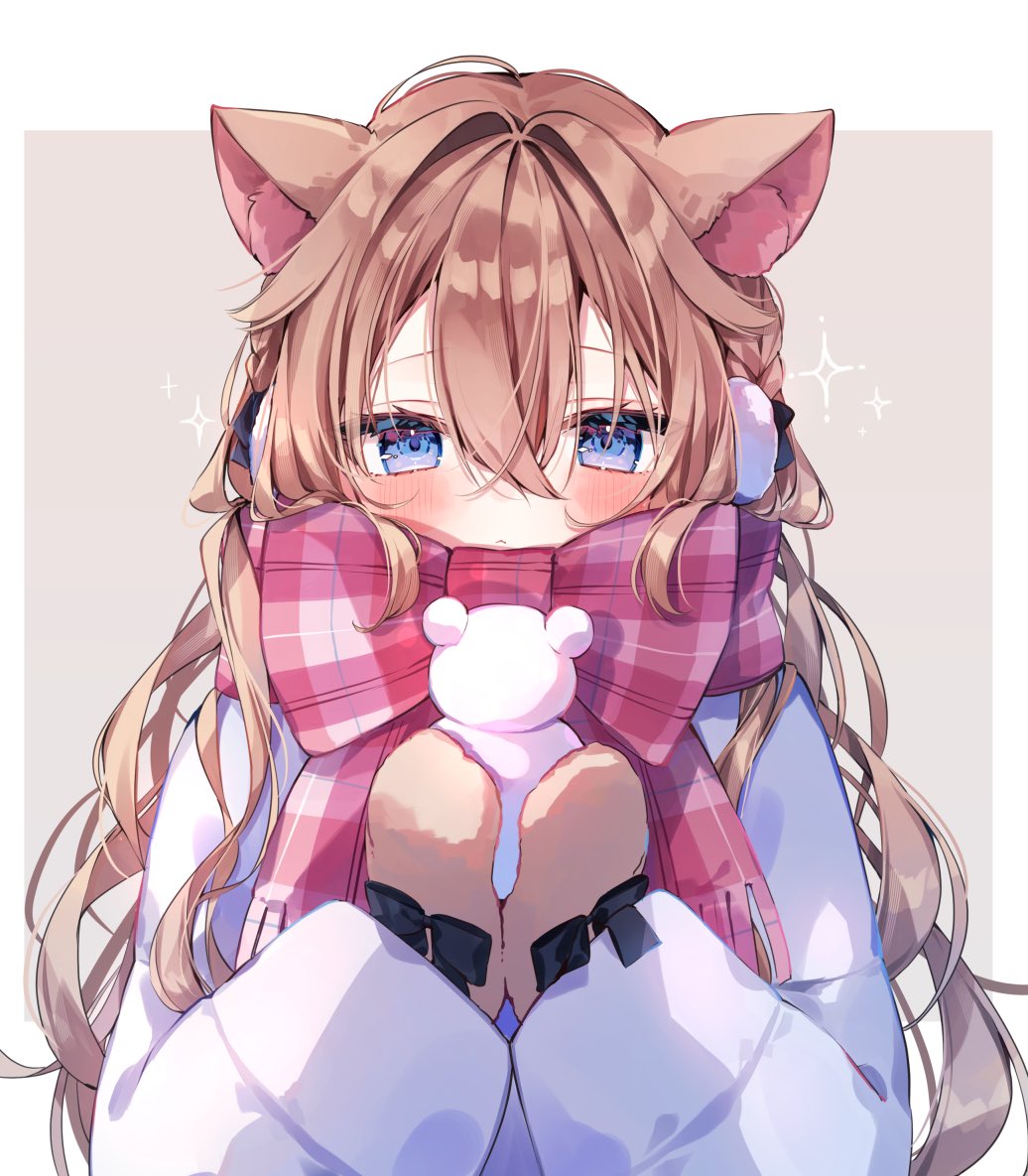 1girl, animal_ear_fluff, animal_ears, black_bow, blue_eyes, blush, border, bow