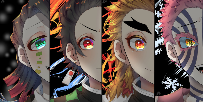 4boys, akaza_(kimetsu_no_yaiba), asymmetrical_bangs, black_background, black_hair, black_jacket, blonde_hair, checkered_clothes