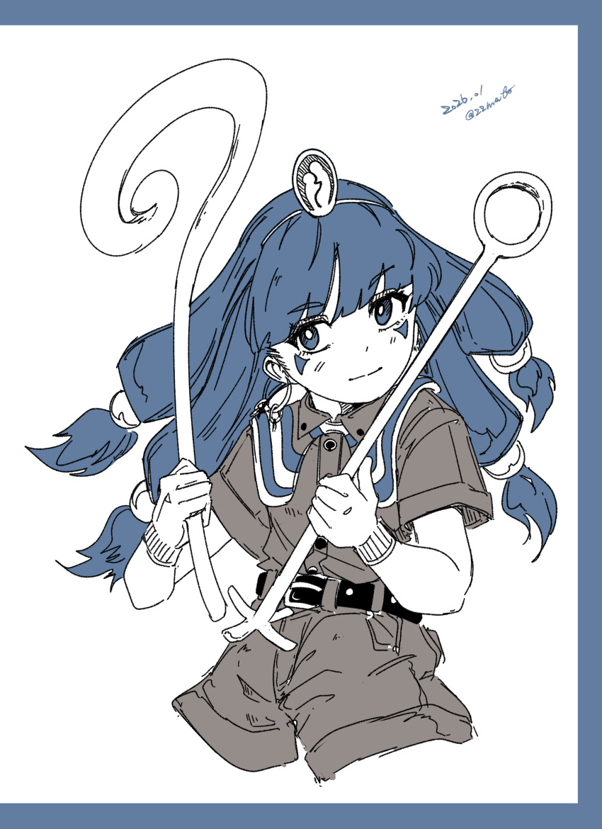 1girl, absurdres, artist_name, belt, blue_hair, commentary, dated, earrings