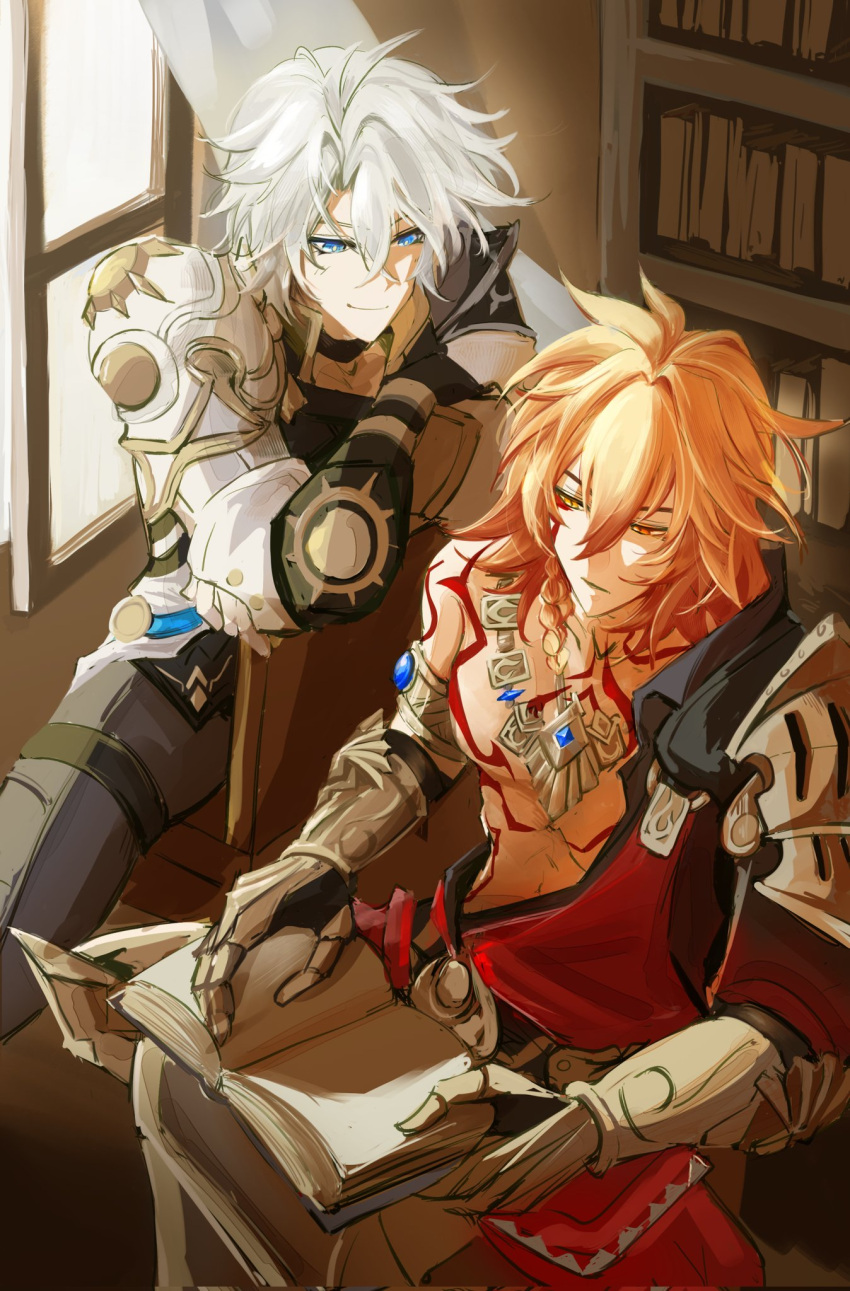 2boys, antenna_hair, arm_tattoo, armlet, armor, black_choker, black_coat, black_pants