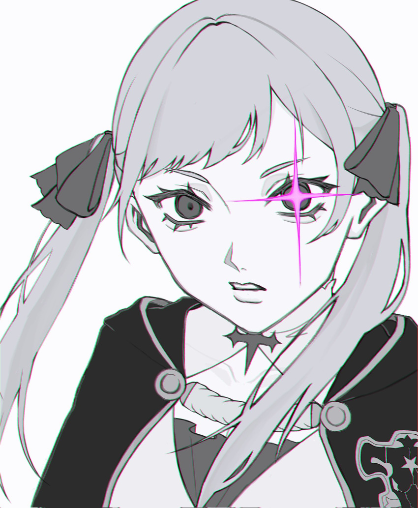 1girl, black_bulls_(emblem), black_clover, capelet, glint, glowing, glowing_eye, greyscale