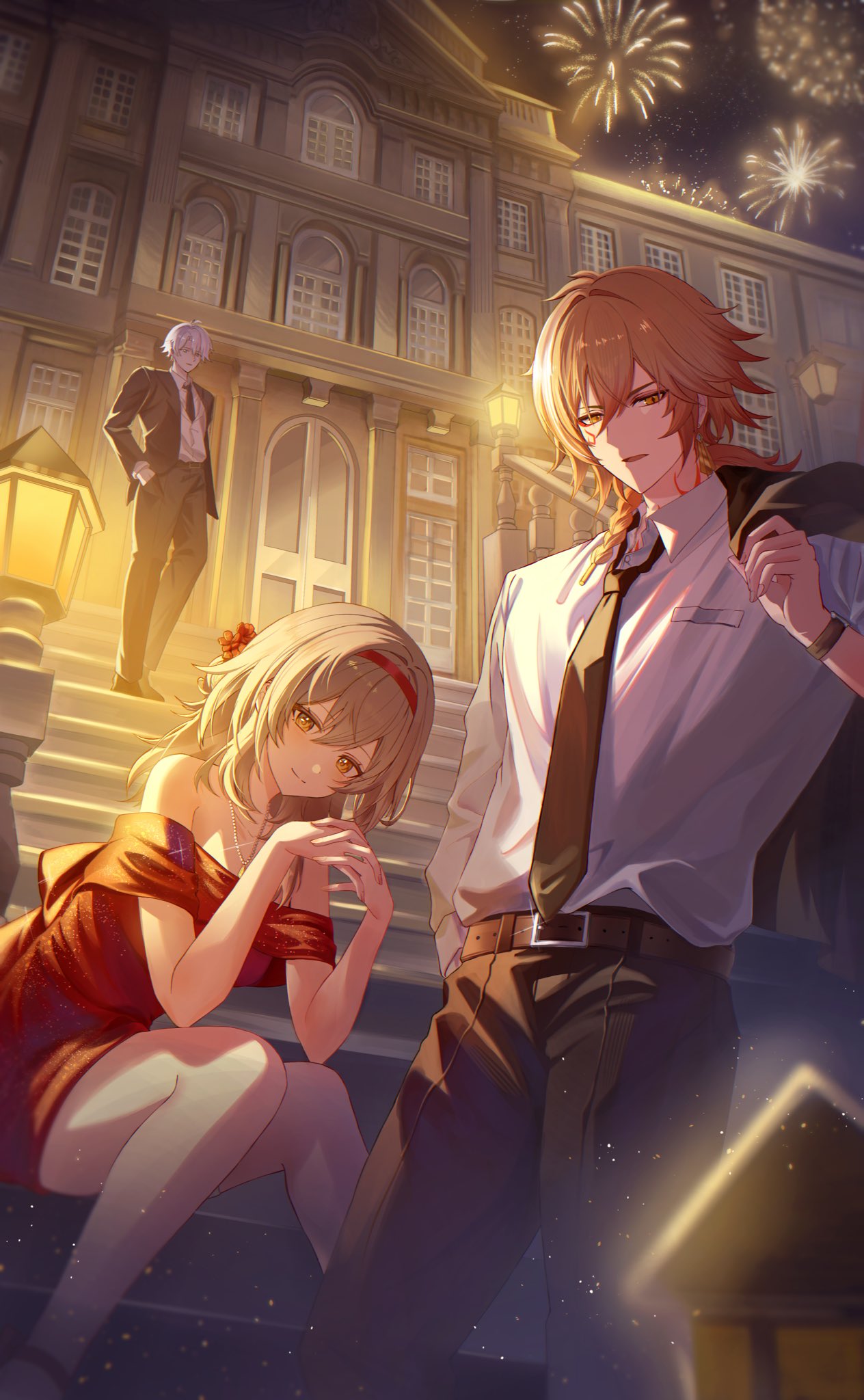 1girl, 2boys, antenna_hair, arm_tattoo, belt, black_jacket, black_necktie, black_pants