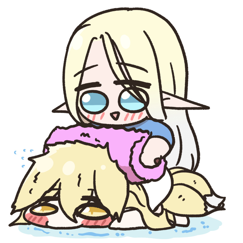 2girls, animal_ears, blonde_hair, blue_eyes, blush_stickers, cerestia_of_life, chibi, chibi_only