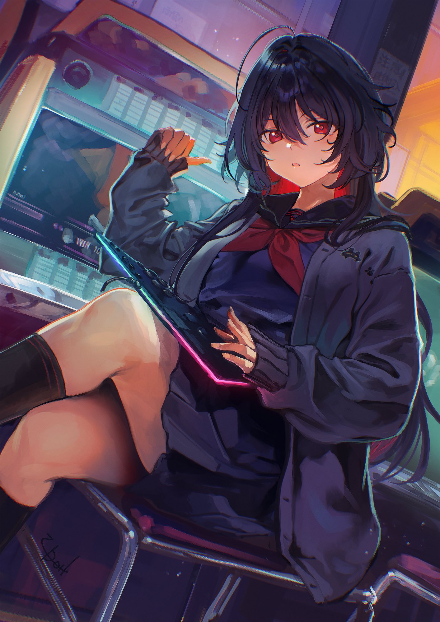 1girl, black_hair, black_sailor_collar, black_serafuku, black_shirt, black_skirt, black_socks, cardigan