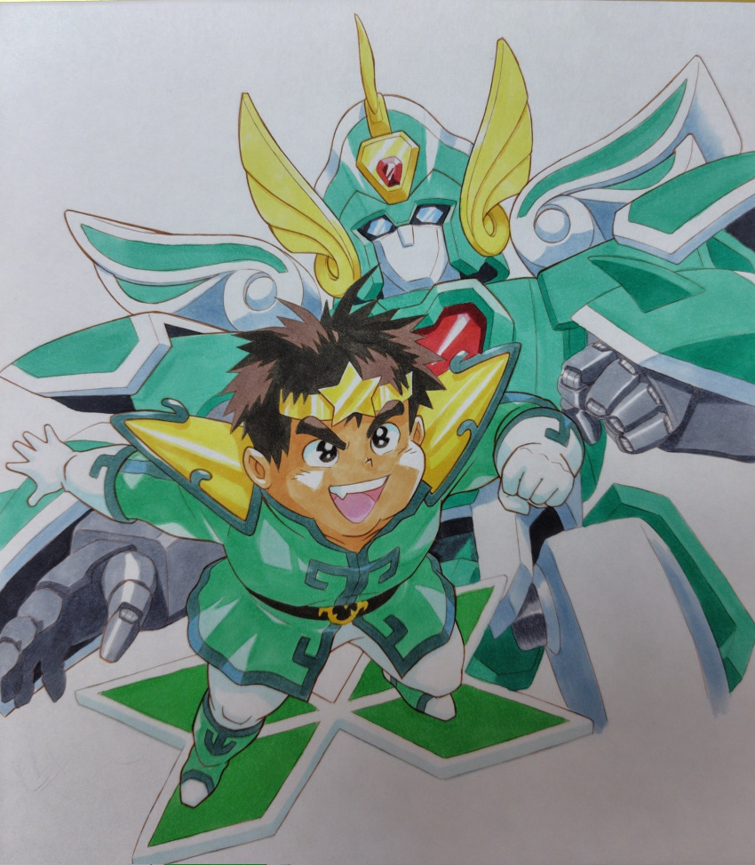 1boy, armor, belt, black_belt, black_eyes, black_hair, blue_eyes, boots, commentary_request, fang, fat, fat_man, gloves, green_boots, green_tunic, headband, highres, madou_king_granzort, male_focus, mecha, mizutani_kenta, open_mouth, pants, robot, shoulder_armor, simple_background, smile, standing, star_(symbol), traditional_media, tunic, white_background, white_gloves, white_pants, winzart, yamamoto_gus, yellow_headband