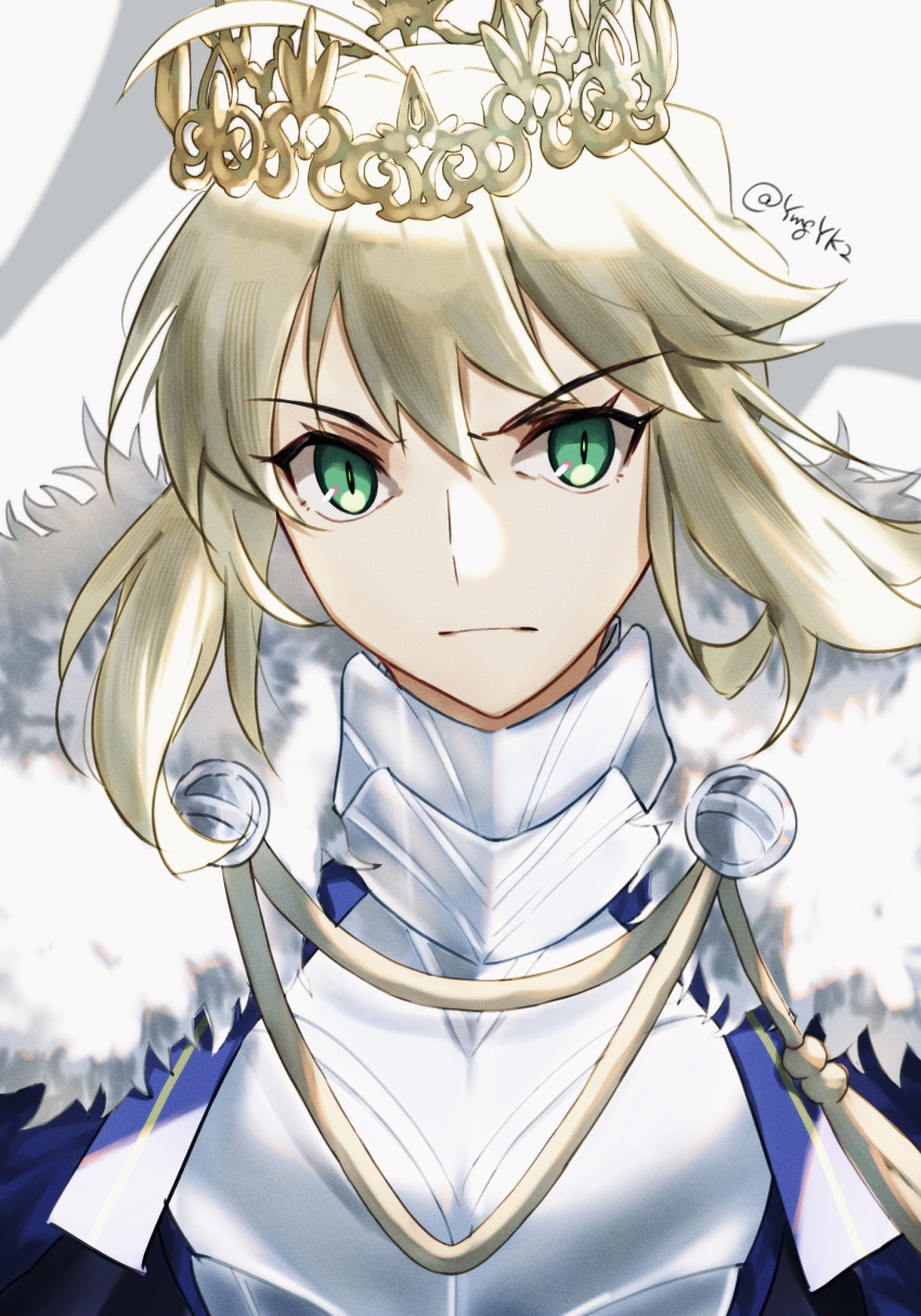 1girl, ahoge, armor, artoria_pendragon_(fate), blonde_hair, breastplate, commentary_request, crown