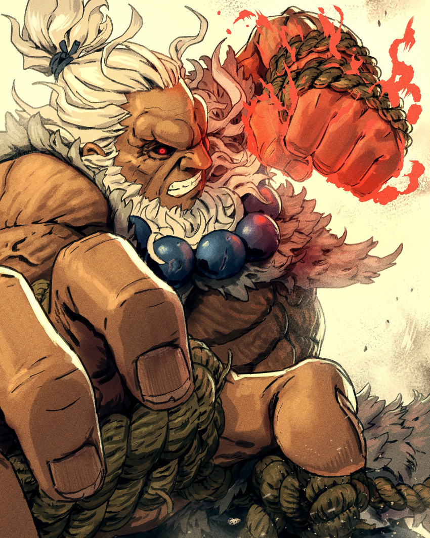 1boy, abs, absurdres, akuma_(street_fighter), arms_up, bead_necklace, beads, beard