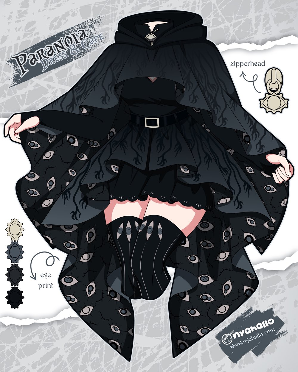 1girl, artist_name, belt, black_dress, black_socks, cape, clothes_focus, clothing_request