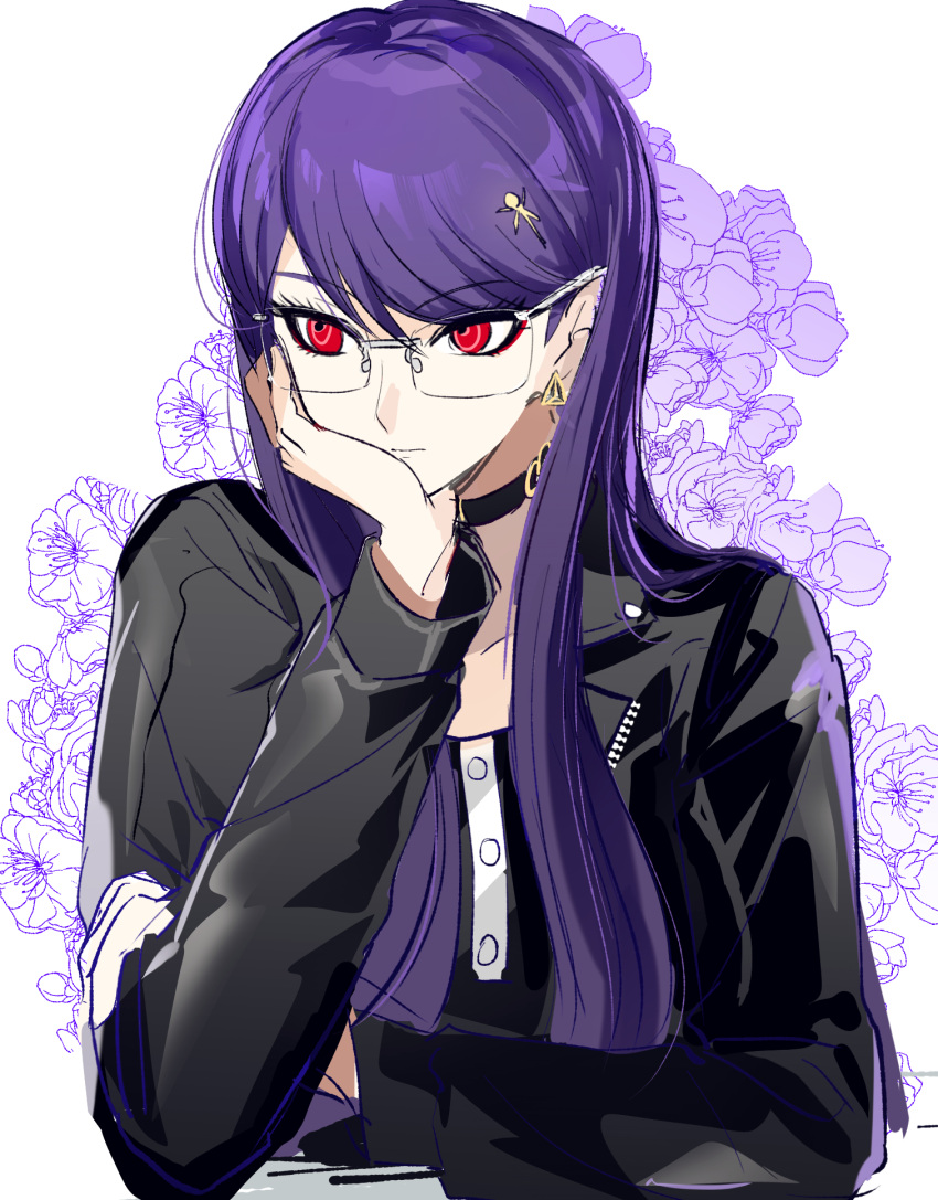 1girl, black_choker, black_dress, black_jacket, choker, closed_mouth, commentary_request, cropped_jacket