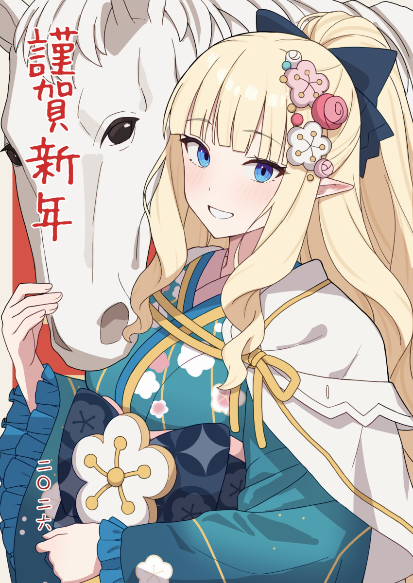 1girl, black_bow, blonde_hair, blue_eyes, blush, bow, breasts, commentary_request
