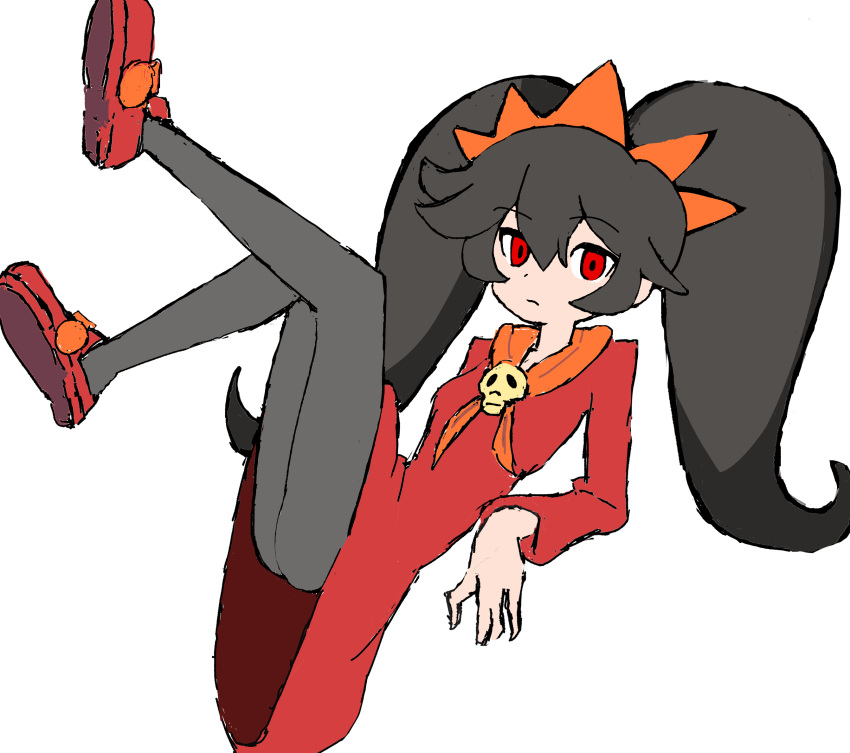 1girl, ashley_(warioware), black_hair, commentary_request, dress, hairband, highres, ktmthe2nd, long_hair, neckerchief, orange_hairband, orange_neckerchief, pantyhose, red_dress, red_eyes, red_shoes, shoes, skull_brooch, skull_ornament, solo, twintails, warioware, white_background