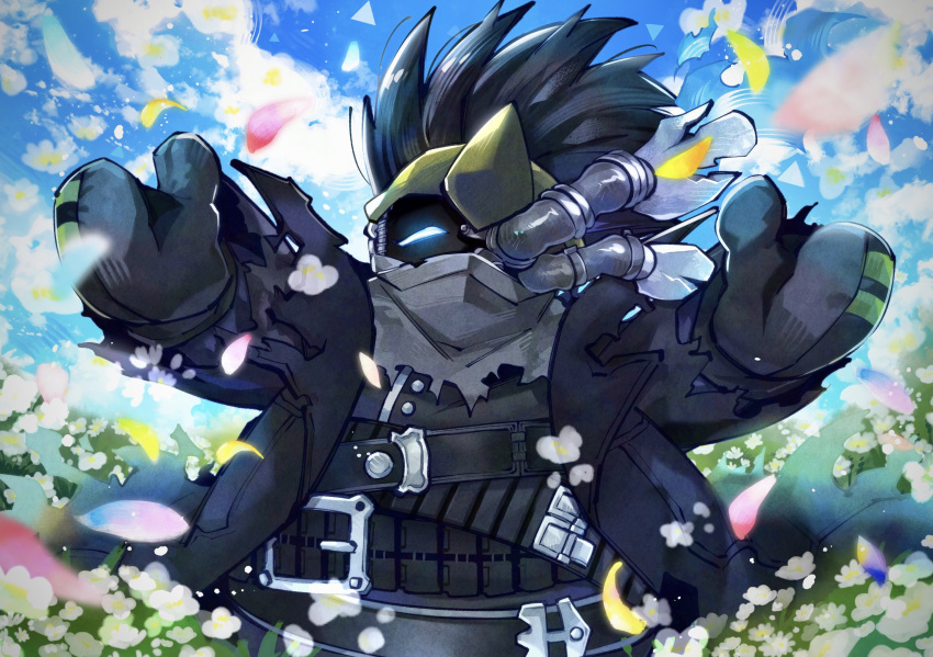 black_hair, black_jacket, commentary_request, exhaust_pipe, field, flower, flower_field, highres
