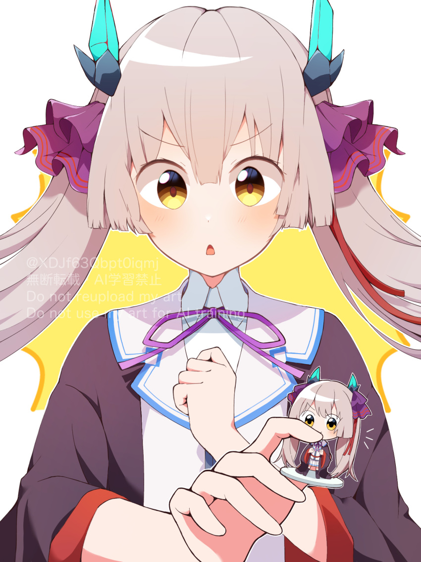 1girl, black_robe, blunt_bangs, blunt_ends, brown_hair, character_doll, chestnut_mouth, clenched_hand