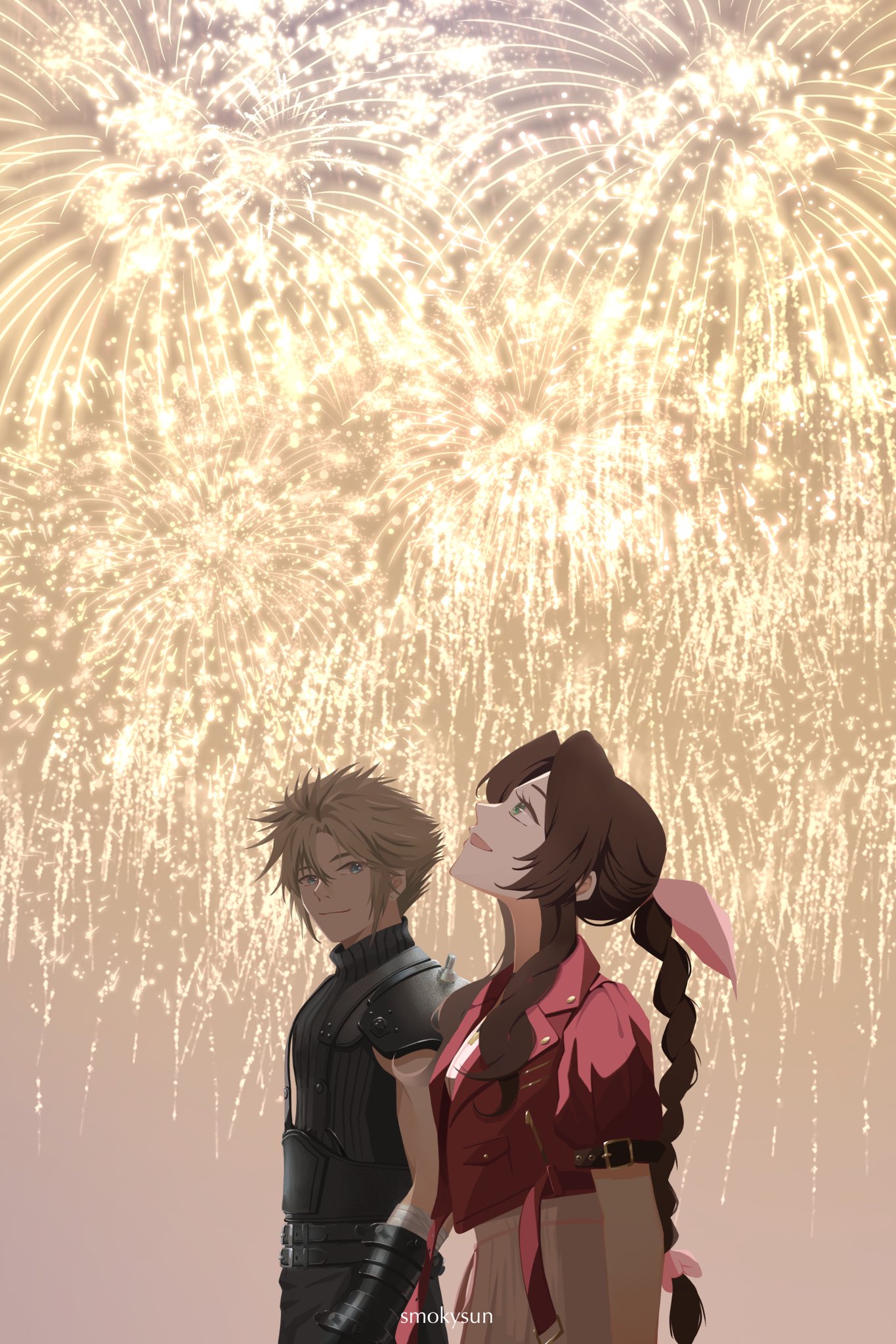 aerial_fireworks, aerith_gainsborough, armor, artist_name, bandaged_arm, bandages, belt, black_pants