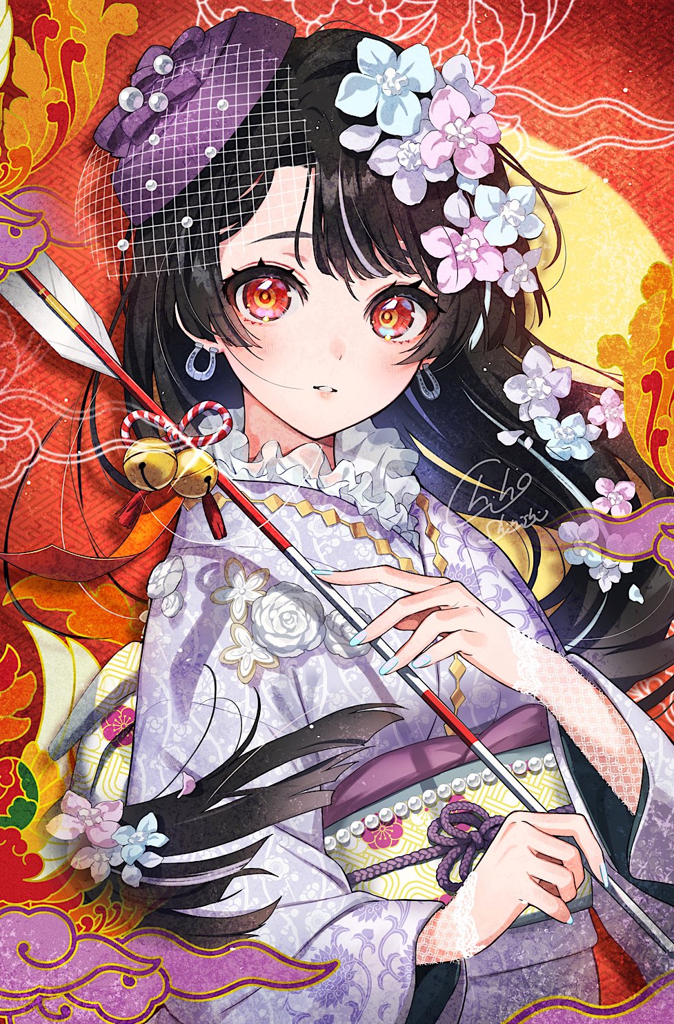 1girl, arrow_(projectile), bell, black_hair, collar, commentary_request, flower, frilled_collar