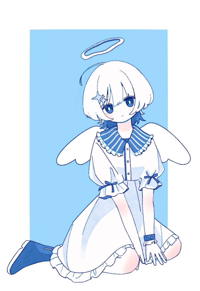1girl, angel, angel_wings, blue_background, blue_boots, blue_eyes, blue_theme, boots