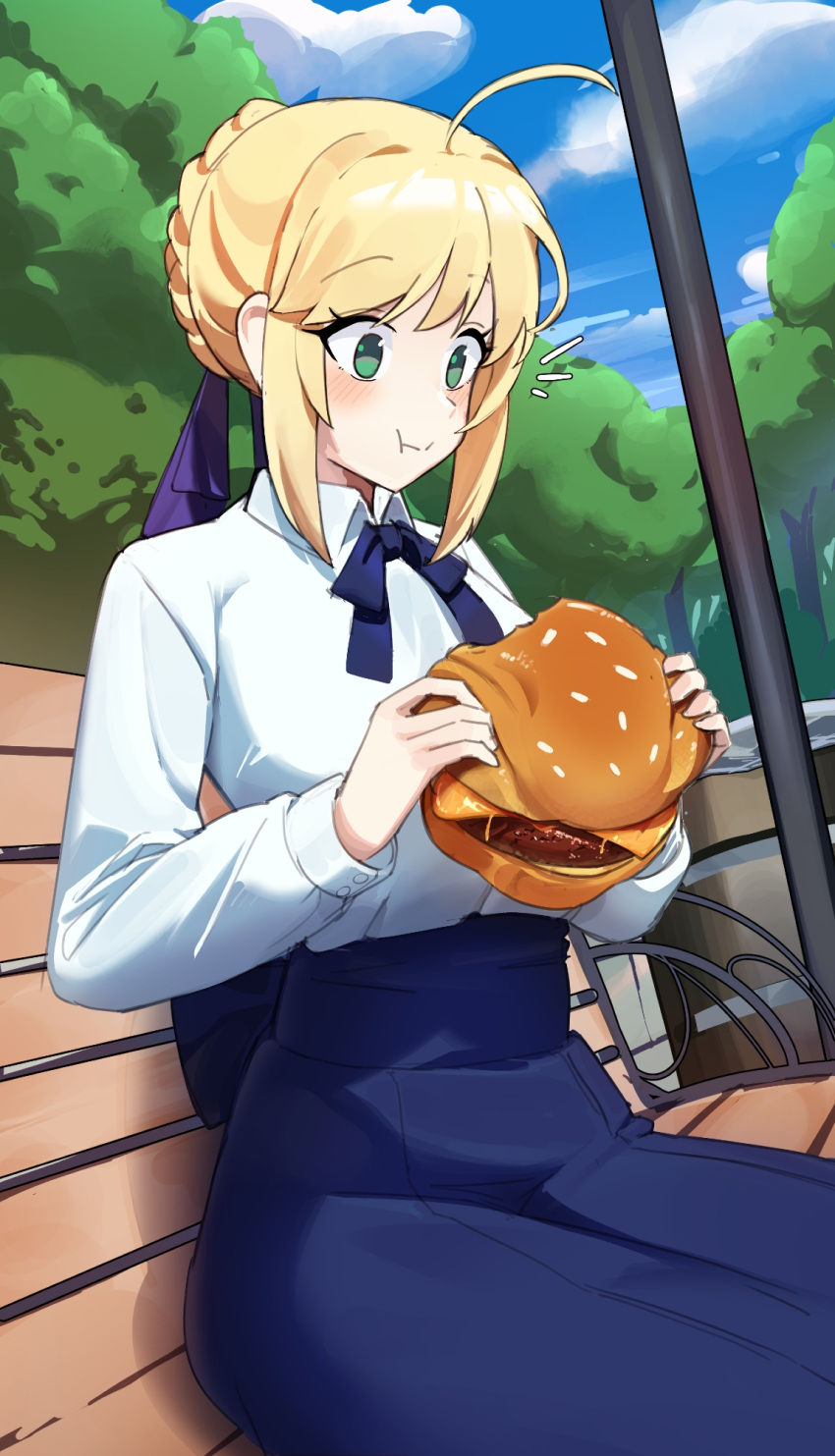 1girl, artoria_pendragon_(fate), bamboowacker, bench, blonde_hair, blush, breasts, burger, closed_mouth, commentary, eating, english_commentary, fate/stay_night, fate_(series), food, from_side, green_eyes, high-waist_skirt, highres, holding, holding_burger, holding_food, looking_down, medium_breasts, park, park_bench, saber_(fate), shirt, short_hair, skirt, solo, white_shirt