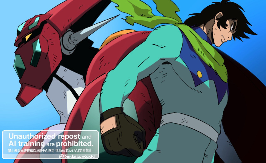 1boy, armor, belt, black_hair, blue_bodysuit, bodysuit, clenched_hand, commentary_request