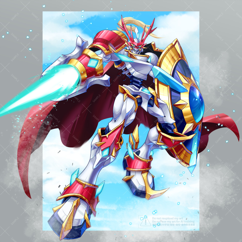 armor, blue_eyes, border, cape, commentary_request, digimon, digimon_(creature), dual_wielding