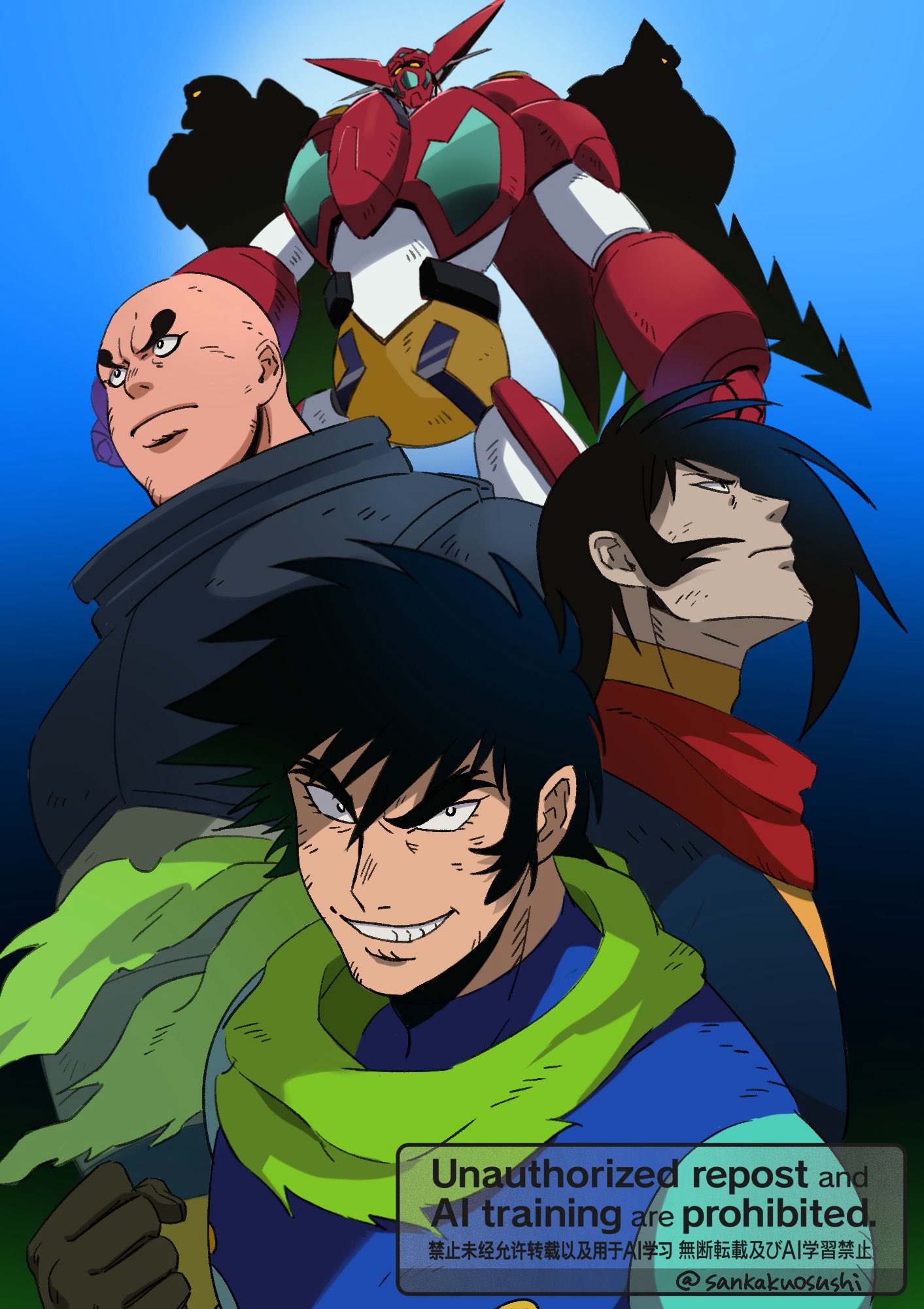 3boys, armor, bald, black_hair, blue_background, blue_bodysuit, bodysuit, clenched_hand