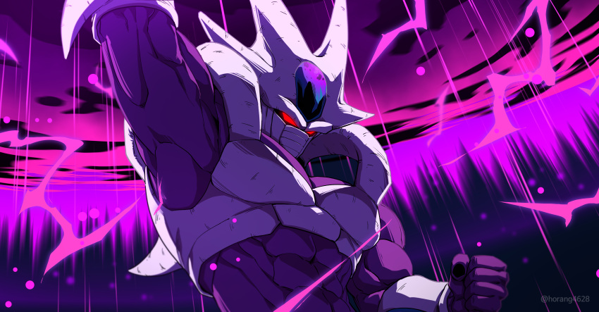 1boy, absurdres, arm_up, clenched_hand, colored_skin, commentary, commission, cooler_(dragon_ball)