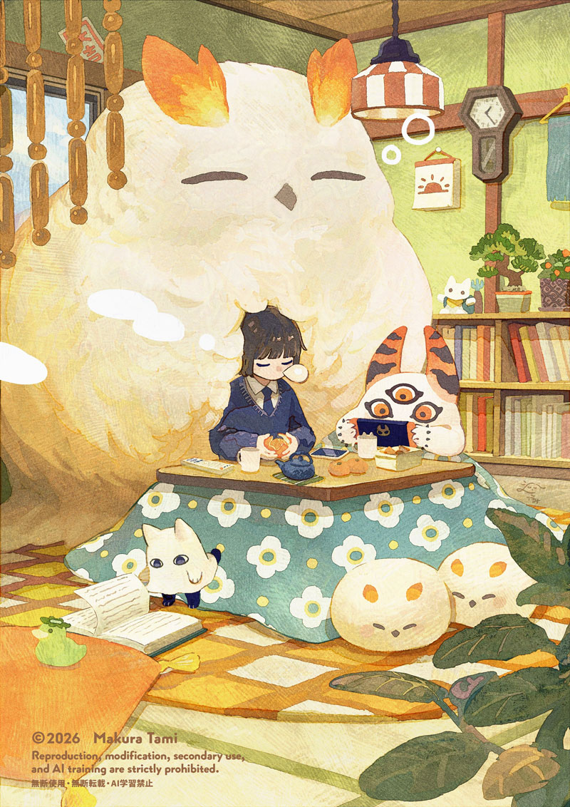 1boy, animal, bird, blue_necktie, blue_sweater, bonsai, book, clock