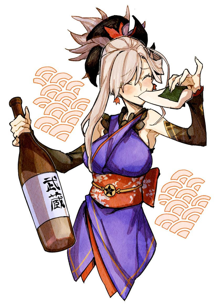 bottle, breasts, closed_eyes, commentary_request, cropped_legs, earrings, eating, fate/grand_order, fate_(series), food, highres, holding, holding_bottle, japanese_clothes, jewelry, kimono, large_breasts, leaf_earrings, long_hair, miyamoto_musashi_(fate), mochi, pink_hair, sa10_e, sake_bottle, sleeveless, sleeveless_kimono