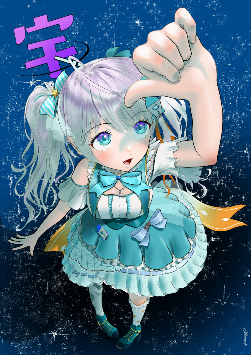 1girl, absurdres, aburaeoyaji, ahoge, aqua_dress, aqua_eyes, argyle_clothes, asymmetrical_legwear