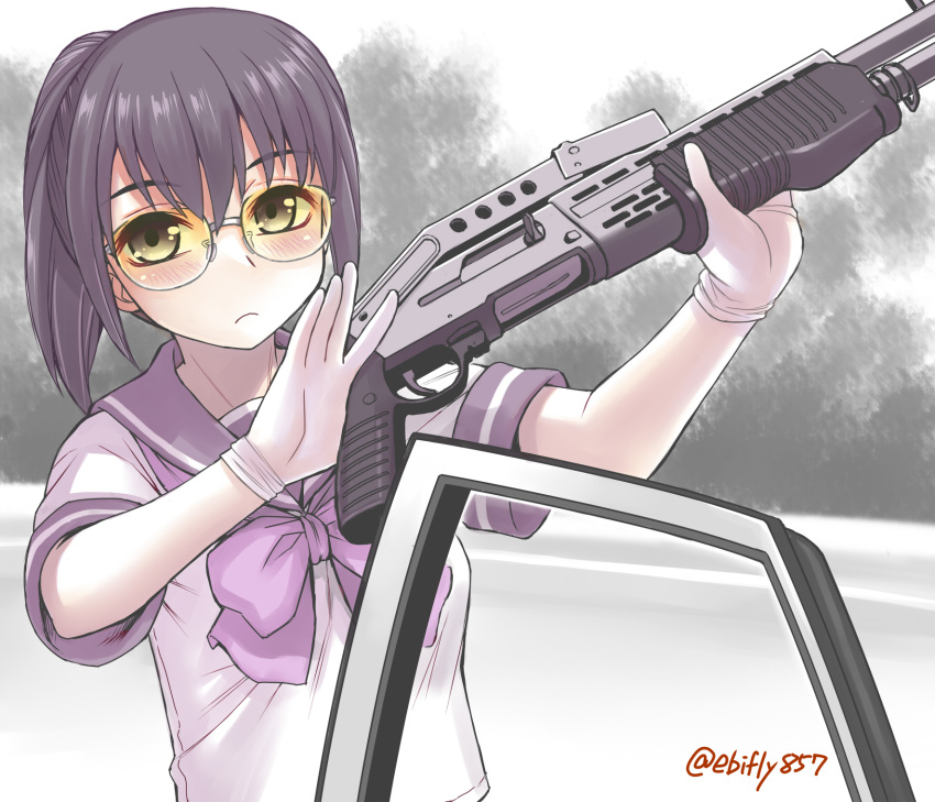 1girl, black_hair, bow, bowtie, closed_mouth, ebifly, folded_stock, frown, glasses, gloves, gradient-tinted_eyewear, grey_eyes, gun, highres, holding, holding_gun, holding_weapon, looking_at_viewer, miami_vice, nose_pads, original, parody, ponytail, pump_action, purple_bow, purple_bowtie, purple_sailor_collar, rimless_eyewear, round_eyewear, sailor_collar, school_uniform, serafuku, shirt, short_sleeves, shotgun, solo, spas-12, tinted_eyewear, upper_body, weapon, white_background, white_gloves, white_shirt, yellow-tinted_eyewear