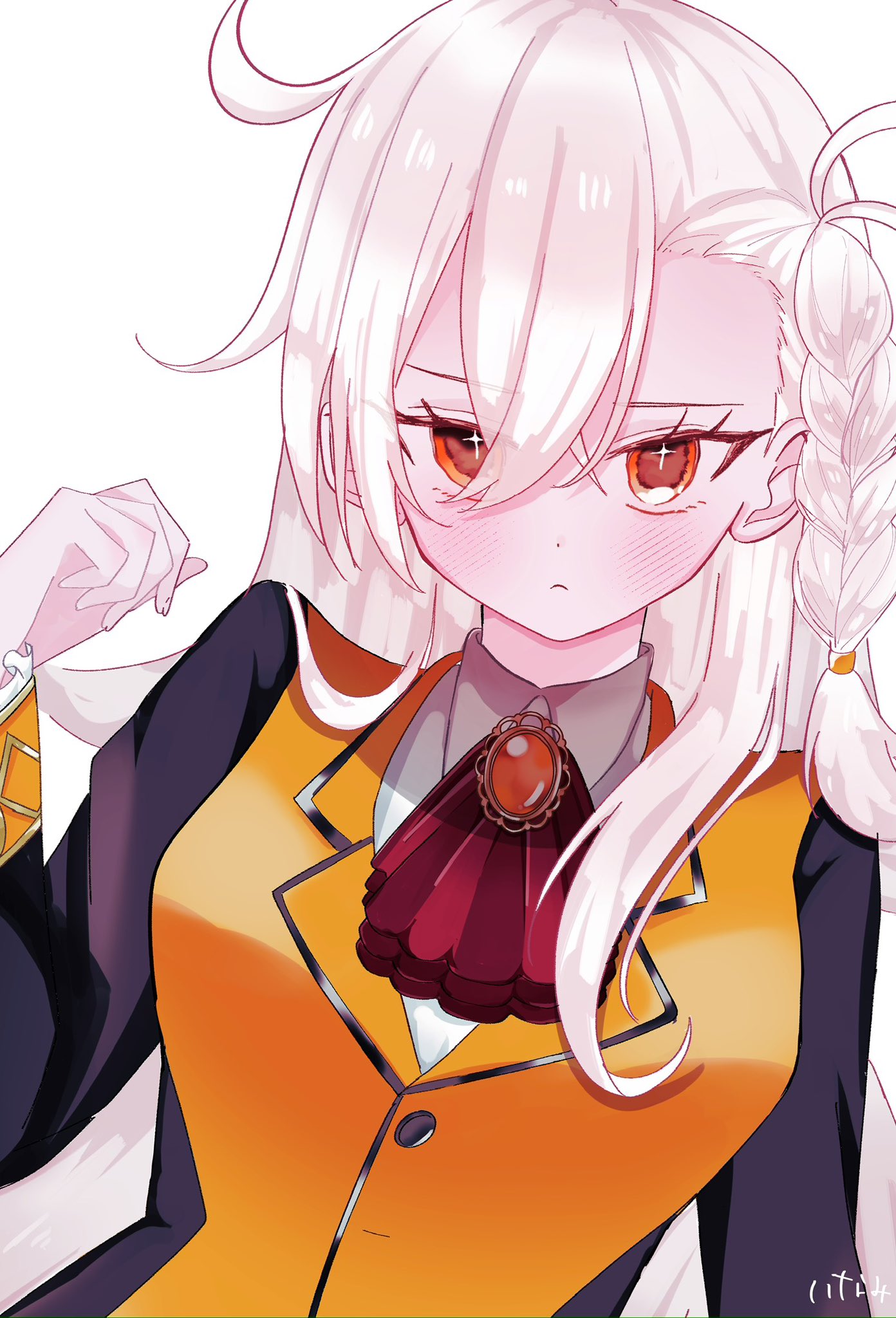 1girl, ahoge, ascot, blush, braid, breasts, closed_mouth, commentary_request