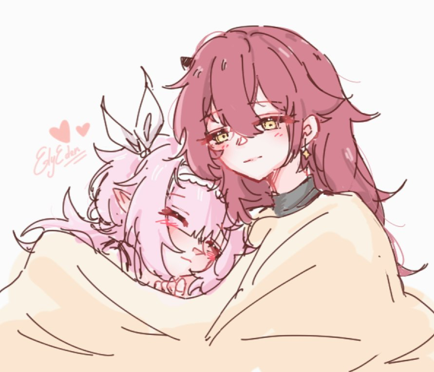 2girls, blanket, brown_hair, commentary, earrings, eden_(honkai_impact), elysia_(honkai_impact), hairband