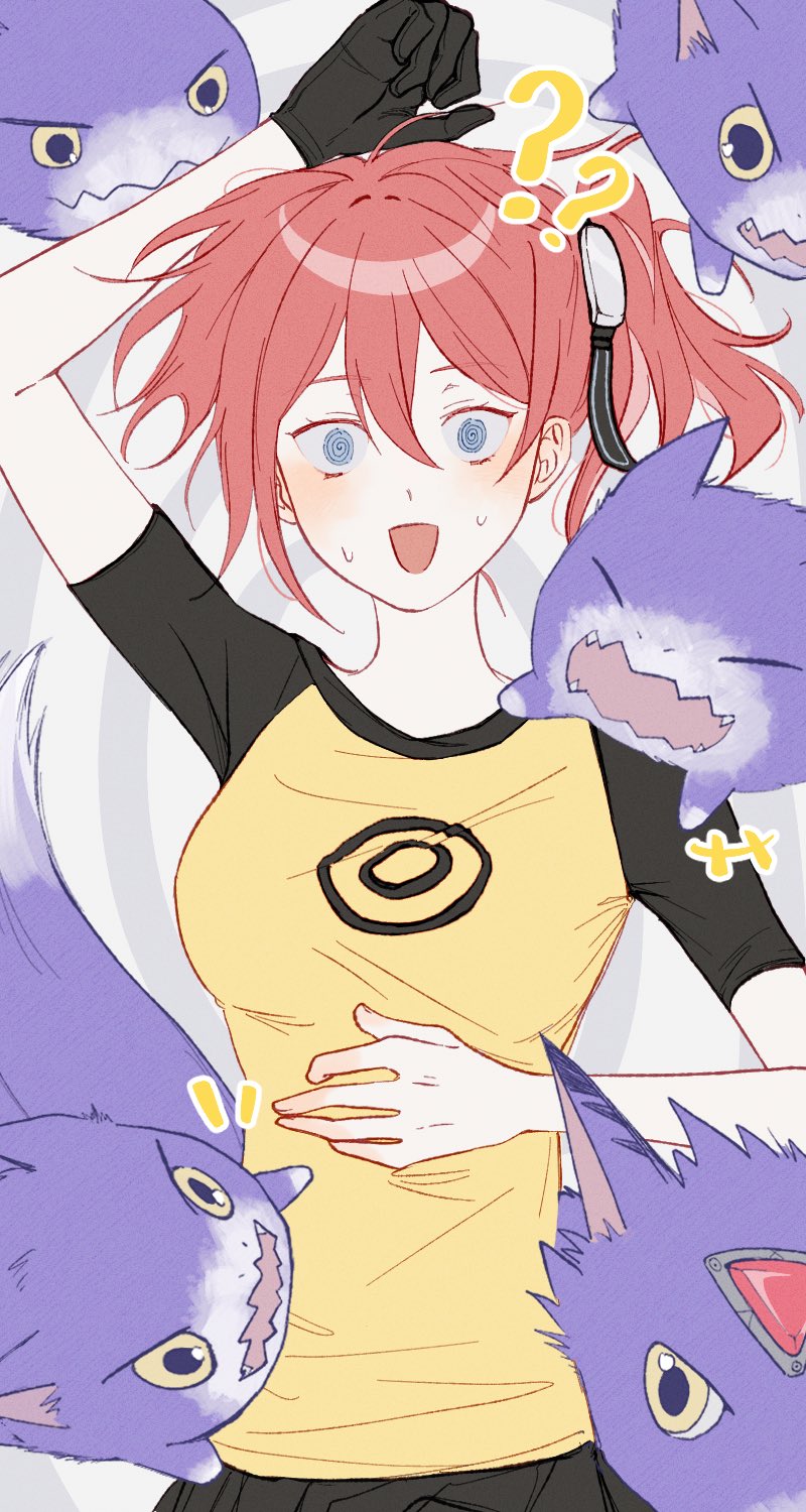 1girl, ?, ??, aiba_ami, bad_id, bad_twitter_id, black_shirt, breasts