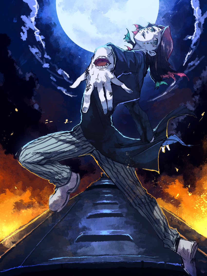 1boy, absurdres, aqua_eyes, arm_at_side, asymmetrical_bangs, backlighting, black_hair, black_jacket