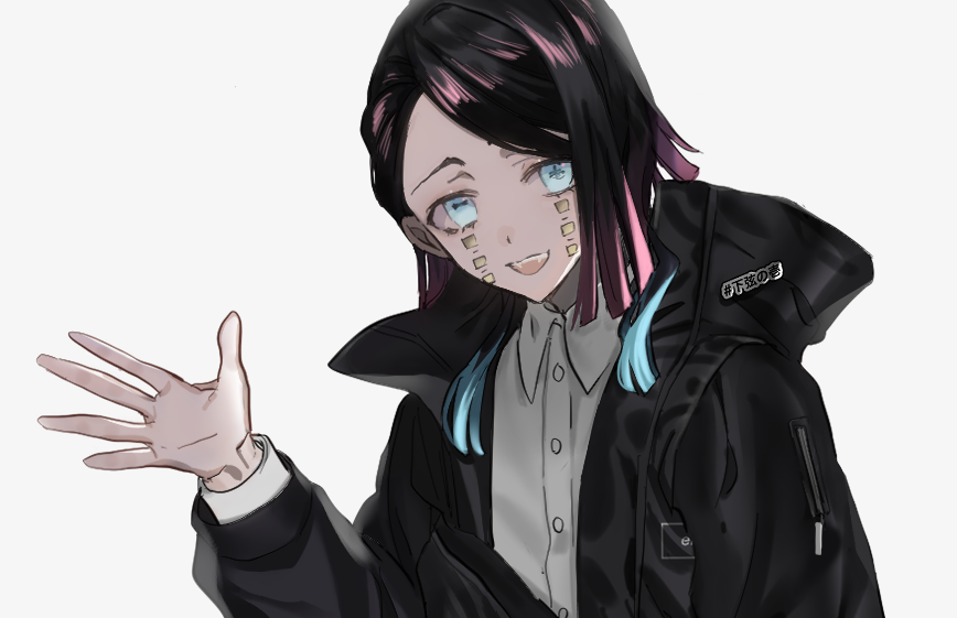 1boy, :d, alternate_costume, asymmetrical_hair, black_jacket, blue_eyes, buttons, colored_tips, commentary_request, crossbody_bag, demon_boy, enmu_(kimetsu_no_yaiba), facial_mark, fangs, fanny_pack, hand_up, high_collar, jacket, kimetsu_no_yaiba, looking_at_viewer, luv_ufo, male_focus, medium_hair, multicolored_hair, open_clothes, open_hand, open_jacket, open_mouth, shirt, shoulder_strap, simple_background, smile, solo, symbol-shaped_pupils, tears_facial_mark, teeth, trap, upper_body, upper_teeth_only, variant_set, waving, white_background, white_shirt, wing_collar, zipper