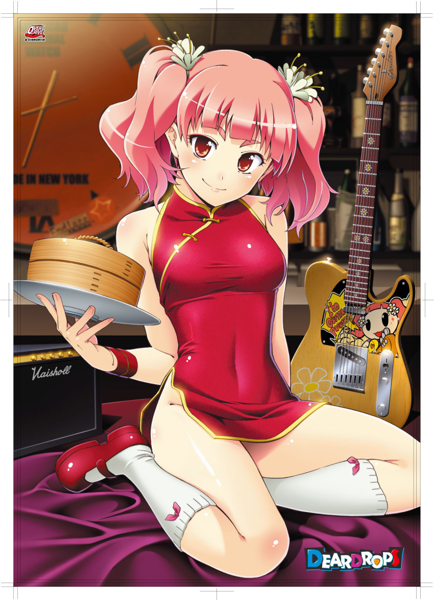 artist_request, bamboo_steamer, bare_shoulders, blurry, bottle, brand_name_imitation, character_request, china_dress, chinese_clothes, clock, deardrops, depth_of_field, electric_guitar, eyeliner, footwear, fujimaru_(bluebrand), guitar, hair_ornament, highres, instrument, kneehighs, makeup, marshall, mary_janes, navel, no_panties, official_art, ooba_yayoi, pink_hair, plate, red_eyes, shoes, short_dress, sitting, skin_tight, smile, socks, solo, taut_shirt, twintails, waitress, white_legwear, yokozuwari