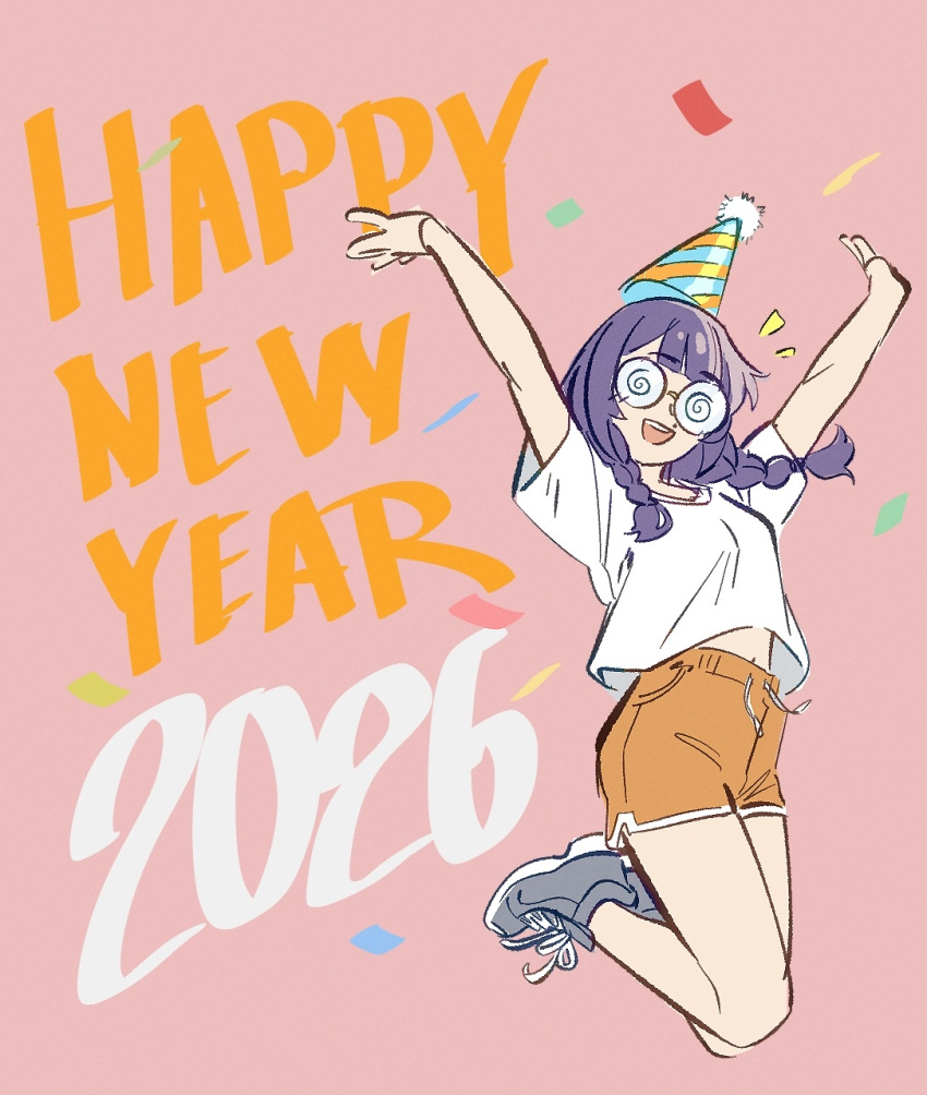 1girl, 2026, @_@, arms_up, blue_hat, blunt_bangs, braid, braided_sidelocks
