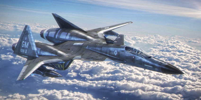 1other, ace_combat, adfx-01_morgan, aim-9_sidewinder, aircraft, airplane, clouds, cloudy_sky, commentary, emmerian_flag, english_commentary, fighter_jet, highres, jetfreak-7, military_vehicle, missile, second-party_source, sky, talisman_(ace_combat)