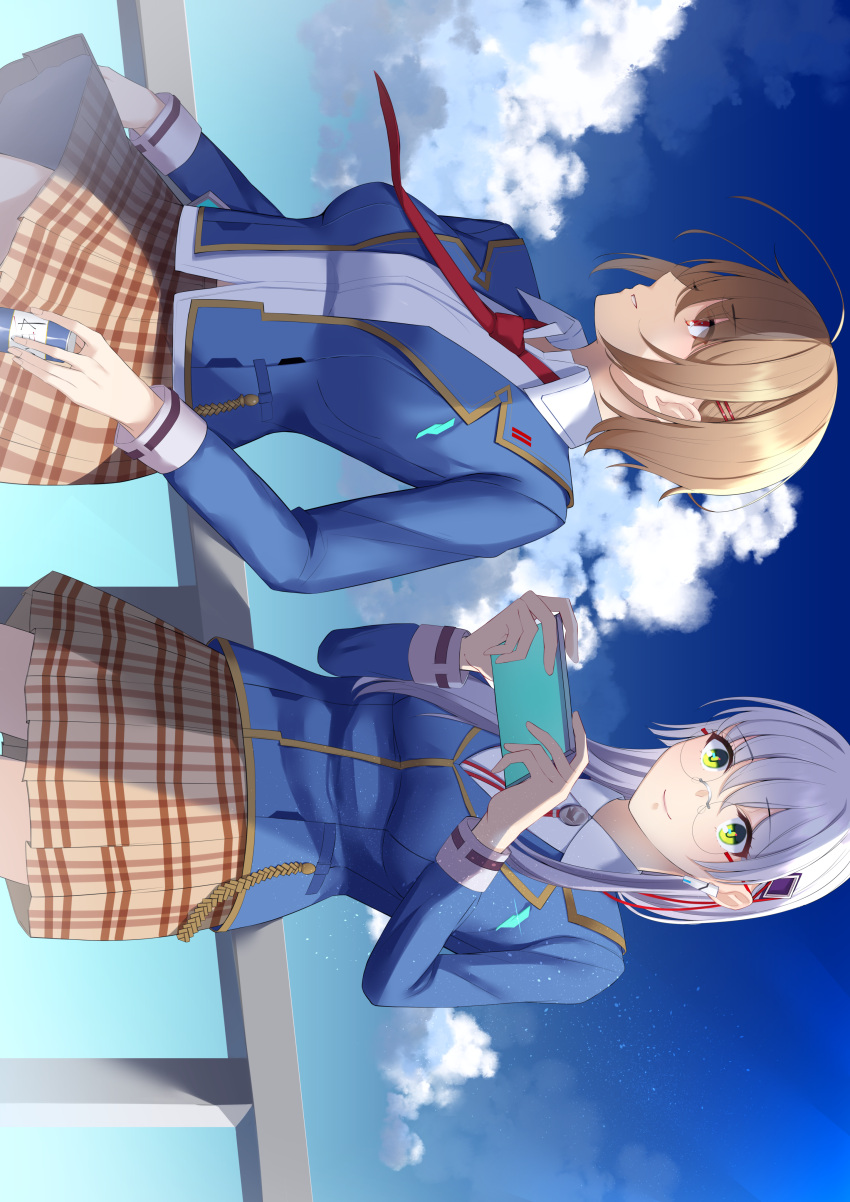 2girls, absurdres, ahoge, blue_sky, brown_hair, can, clouds, cloudy_sky