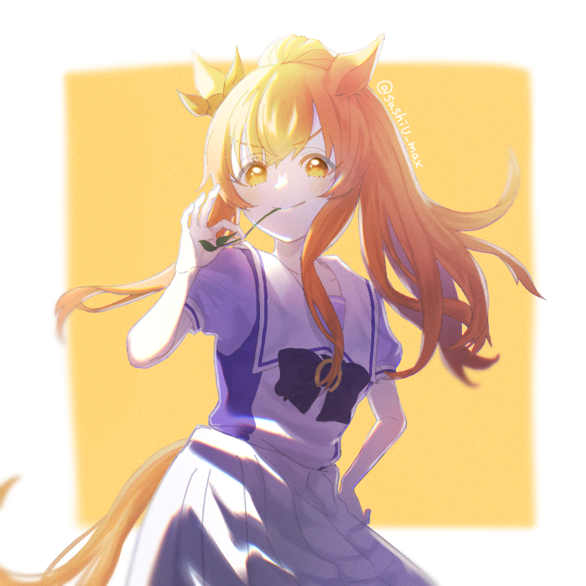 >:), 1girl, alternate_hairstyle, animal_ears, backlighting, bow, bowtie, closed_mouth