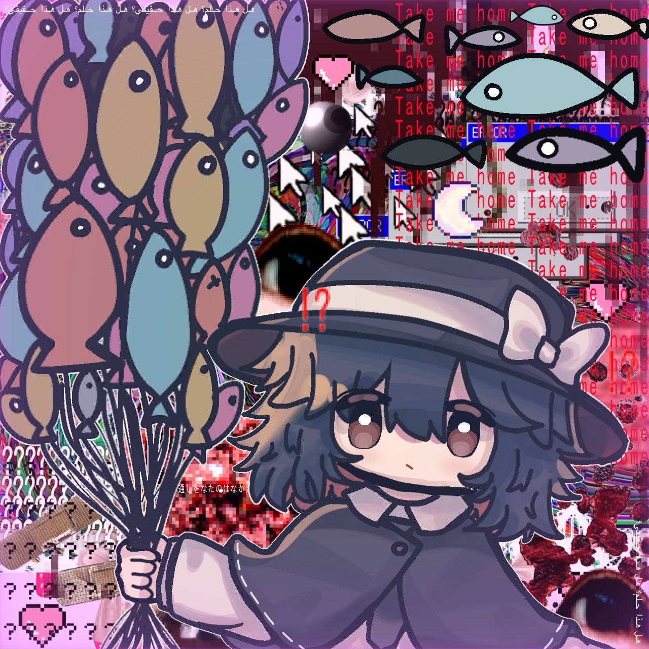 !?, 1girl, ?, abstract_background, arabic_text, balloon, bandaid, black_capelet