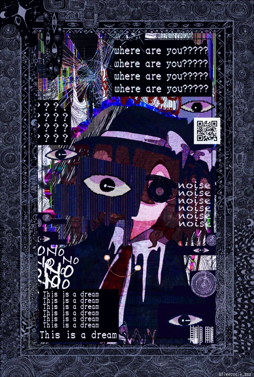 1girl, ?, abstract, abstract_background, black_capelet, black_eyes, black_hat, border