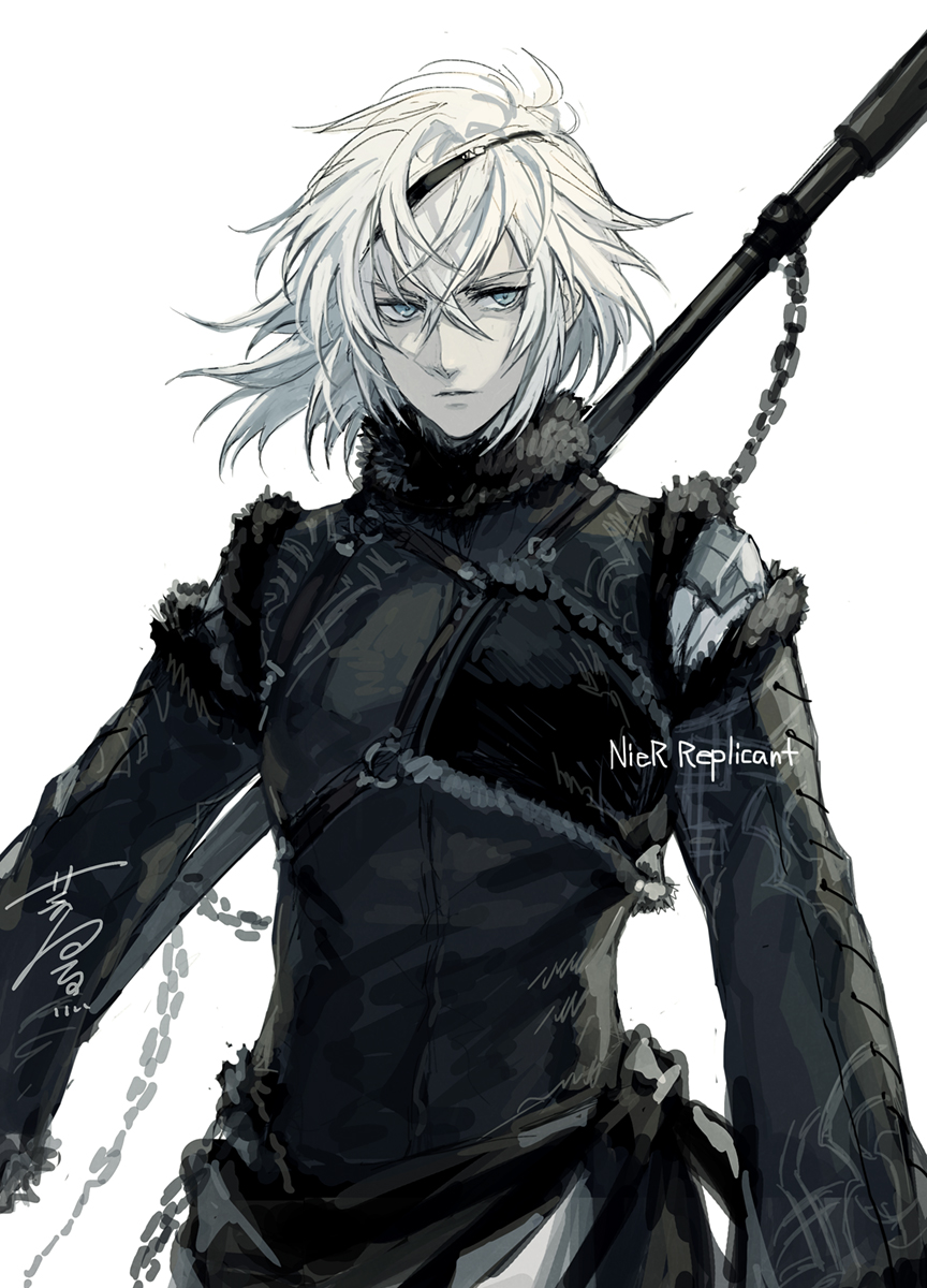 1boy, bishounen, black_fur, chain, closed_mouth, commentary_request, cowboy_shot, crossed_bangs
