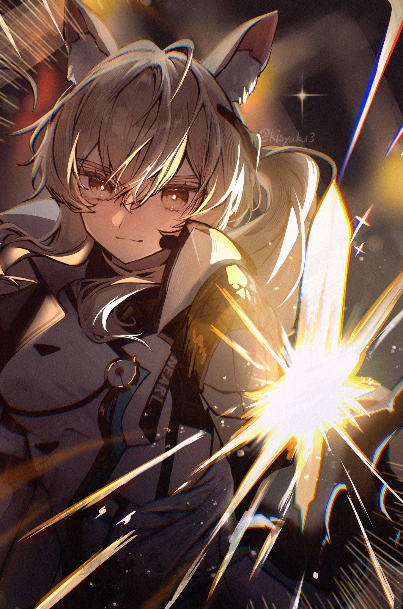 1girl, animal_ears, arknights, blonde_hair, breasts, commentary_request, hair_between_eyes, highres