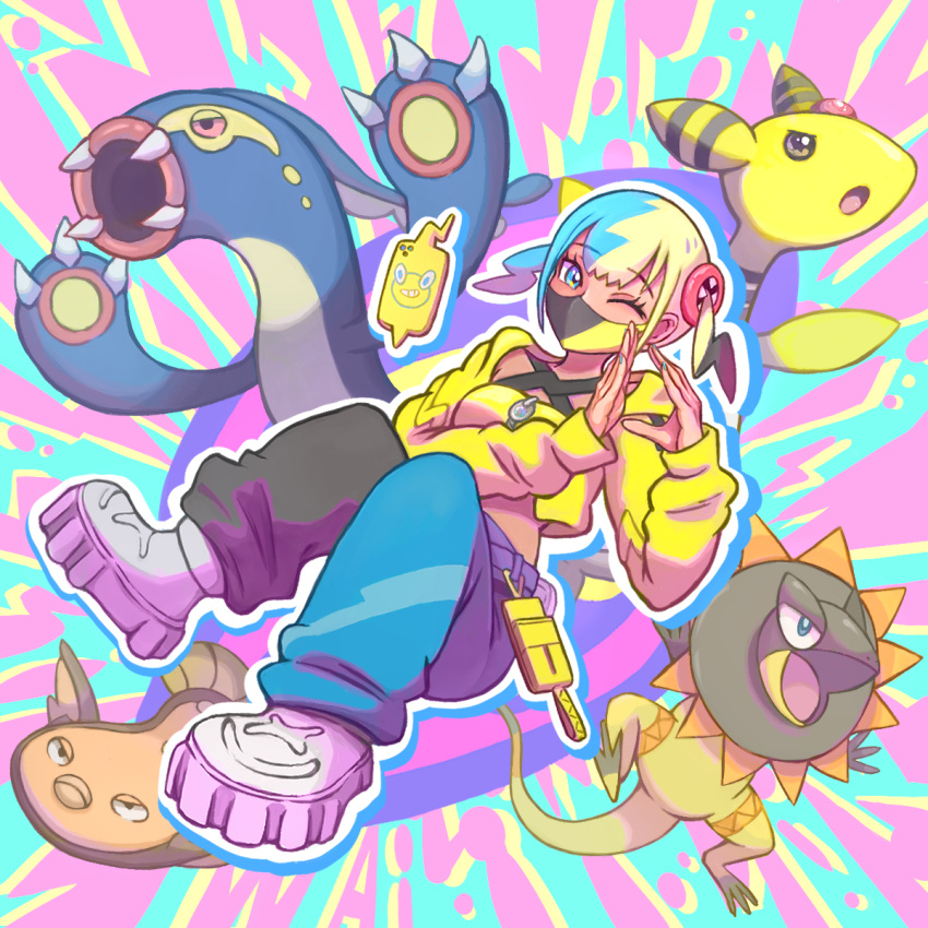 1girl, ampharos, aqua_eyes, aqua_hair, bandeau, black_hair, blonde_hair, canari_(pokemon)