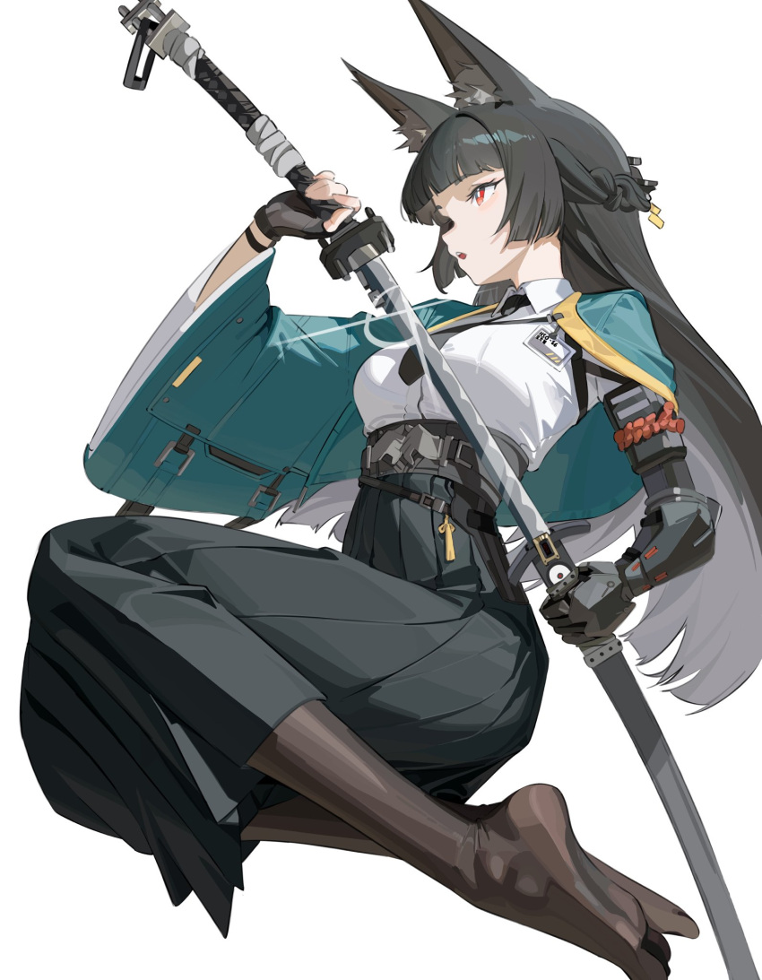1girl, animal_ear_fluff, black_gloves, black_hair, black_skirt, blunt_bangs, commentary, fingerless_gloves