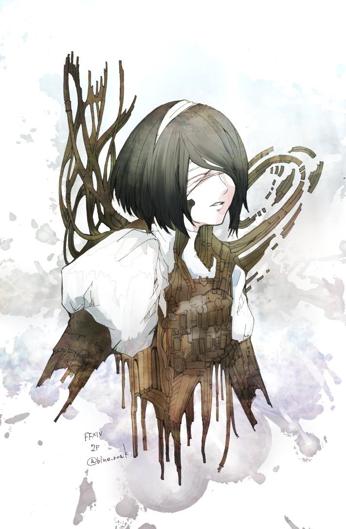 1girl, 2p_(nier:automata), black_hair, blindfold, character_name, commentary, copyright_name, hairband, nier:automata, nier_(series), parted_lips, puffy_short_sleeves, puffy_sleeves, ruka_(blueplus84), short_hair, short_sleeves, solo, twitter_username, white_hairband