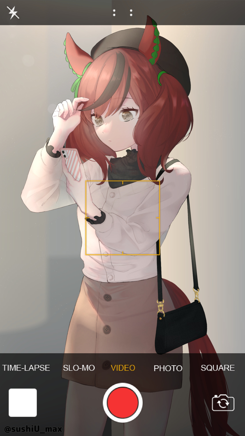 1girl, absurdres, adjusting_hair, alternate_costume, animal_ears, bag, beret, black_bag