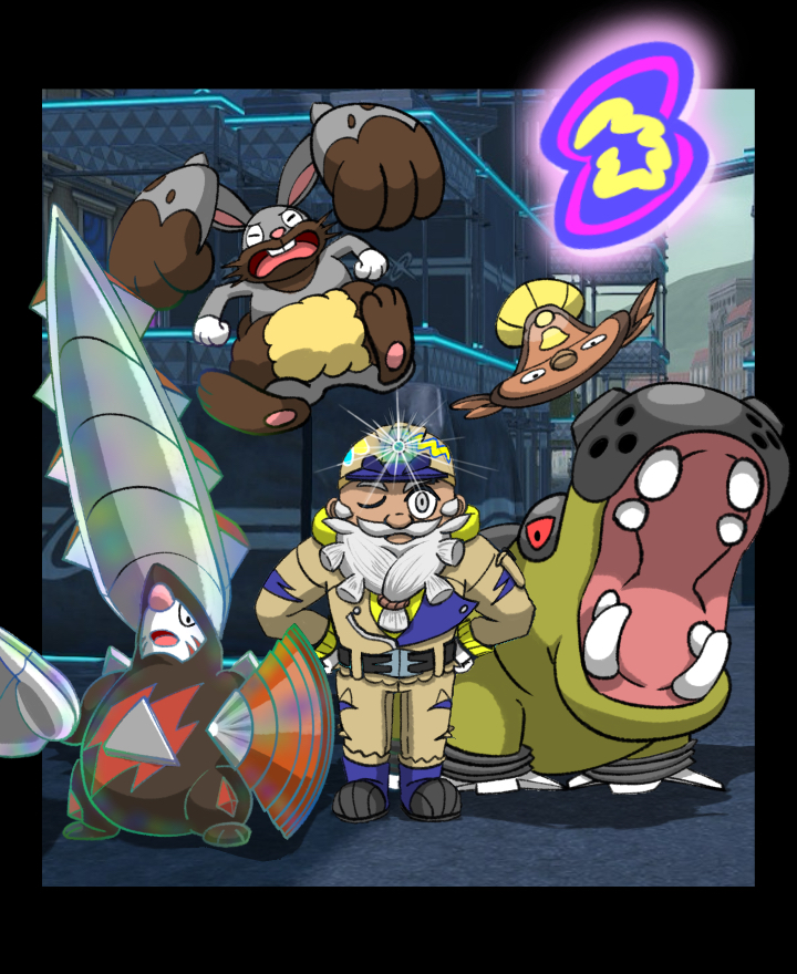 beard, black_border, blue_boots, boots, border, brown_helmet, brown_jacket, brown_pants
