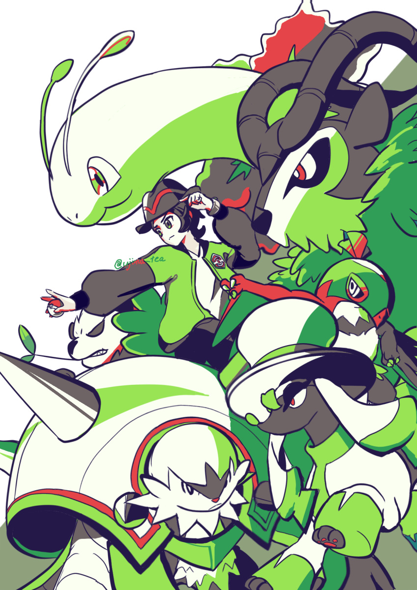antennae, black_hair, black_hat, bracelet, bright_pupils, chesnaught, claws, closed_mouth